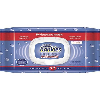 Wet Hankies Υγρά Αντιβακτηριδιακά Μαντηλάκια Χεριών με Καπάκι Antibacterial 72 Τεμάχια