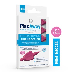 Plac Away Μεσοδόντιο Βουρτσάκι Triple Action 0.4mm, ISO 0, Ροζ, 6 Τεμάχια