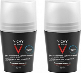 Vichy PROMO Homme Deodorant for Sensitive Skin Αποσμητικό Roll on 48ωρης Προστασίας 2x50ml -50% Έκπτωση στο 2ο Προϊόν