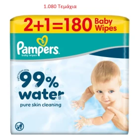 Pampers PROMO 99% Water Μωρομάντηλα με Ήπια Λοσιόν & 99% Νερό με Καπάκι 1.080 Τεμάχια [6x3 Πακέτα x 60 Μωρομάντηλα]