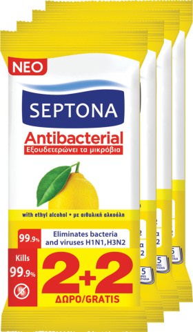 Septona PROMO Antibacterial Υγρά Αντιβακτηριακά Μαντηλάκια Χεριών με Άρωμα Λεμόνι  4x15 Τεμάχια