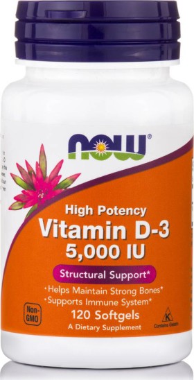Now Foods Vitamin D3 5.000 IU Highest Potency Συμπλήρωμα Διατροφής Βιταμίνης D 120 Μαλακές Κάψουλες