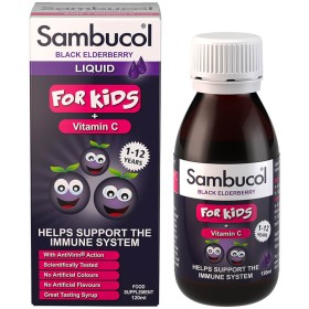 Olvos Sambucol Black Elderberry For Kids + Vitamin C Παιδικό Συμπλήρωμα Διατροφής για το Ανοσοποιητικό & τα Συμπτώματα Γρίπης 120ml