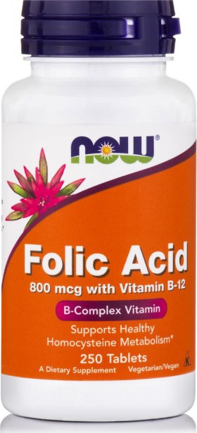 Now Foods Folic Acid 800mcg w/Vitamin B-12 Συμπλήρωμα Βιταμινών 250 Ταμπλέτες