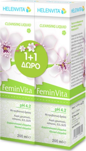 Helenvita PROMO FeminVita Cleansing Liquid ph4.2 Υγρό Καθαρισμού για την Ευαίσθητη Περιοχή με Άρωμα Αμύγδαλο 200ml 1+1 ΔΩΡΟ