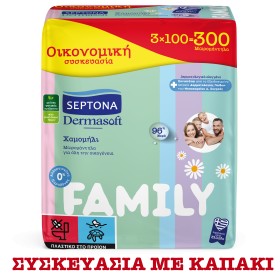 Septona DermaSoft Family Μωρομάντηλα για Όλη την Οικογένεια με Καπάκι 300 Τεμάχια [3 Πακέτα x 100 Τεμάχια]