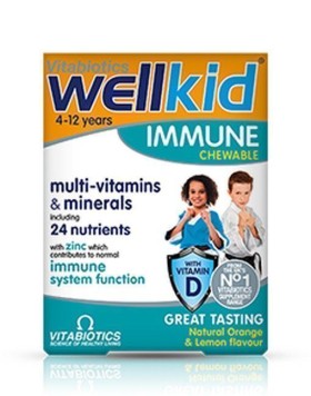 Vitabiotics Wellkid Immune Συμπλήρωμα Διατροφής για την Καλή Λειτουργία του Ανοσοποιητικού Συστήματος των Παιδιών, από 4-12 Ετών, με Γεύση Πορτοκάλι & Λεμόνι, 30 chew. tabs