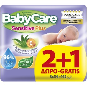 Μωρομάντηλα BabyCare PROMO Sensitive Plus με Εκχύλισμα Αλόη & Βιταμίνη E 162 Τεμάχια [3 Πακέτα x 54 Μωρομάντηλα]