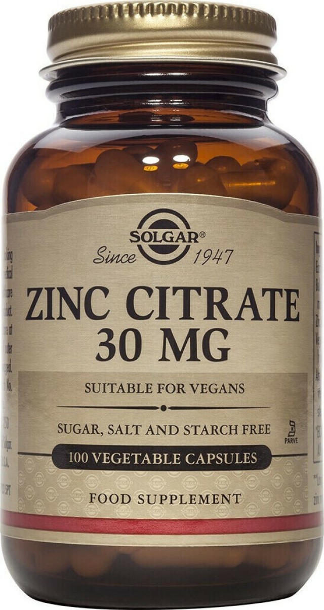 Solgar Zinc Citrate 30mg Συμπλήρωμα Διατροφής με Ψευδάργυρο 100 Φυτικές Κάψουλες