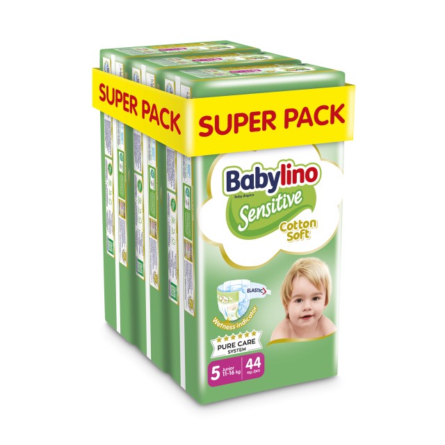 Πάνες Babylino Sensitive Cotton Soft No5 [11-16Kg] Super Pack 132 Πάνες [3 Πακέτα x 44 Τεμάχια]