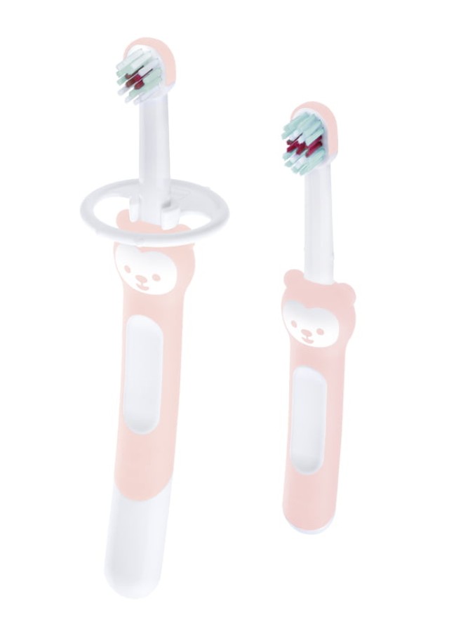 Mam Learn to Brush Σετ Οδοντικής Φροντίδας για 5m+ Εκπαιδευτική & Βρεφική Οδοντόβουρτσα με Λαβή Αρκουδάκι Απαλό Ροζ 2 Τεμάχια