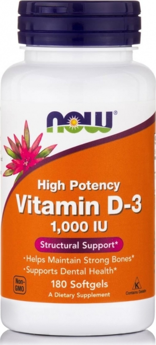 Now Foods Vitamin D-3 1000IU Συμπλήρωμα Διατροφής Βιταμίνης D3 180 Μαλ …