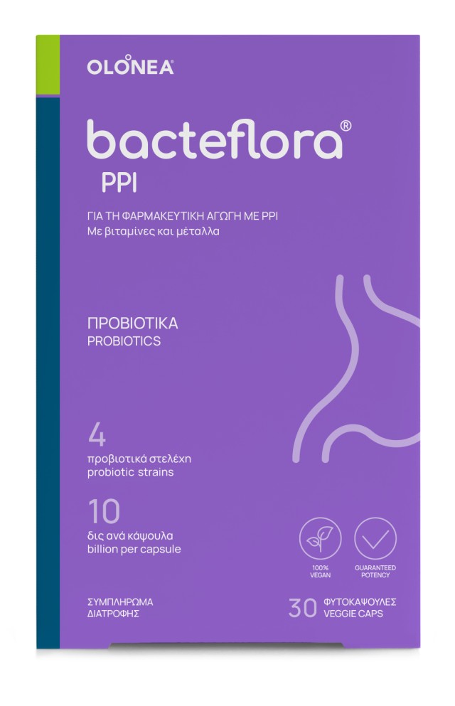 Olonea BacteFlora PPI Συνδυασμός Προβιοτικών, Πρεβιοτικών, Βιταμινών, Μετάλλων, Ιχνοστοιχείων 30 Φυτικές Κάψουλες