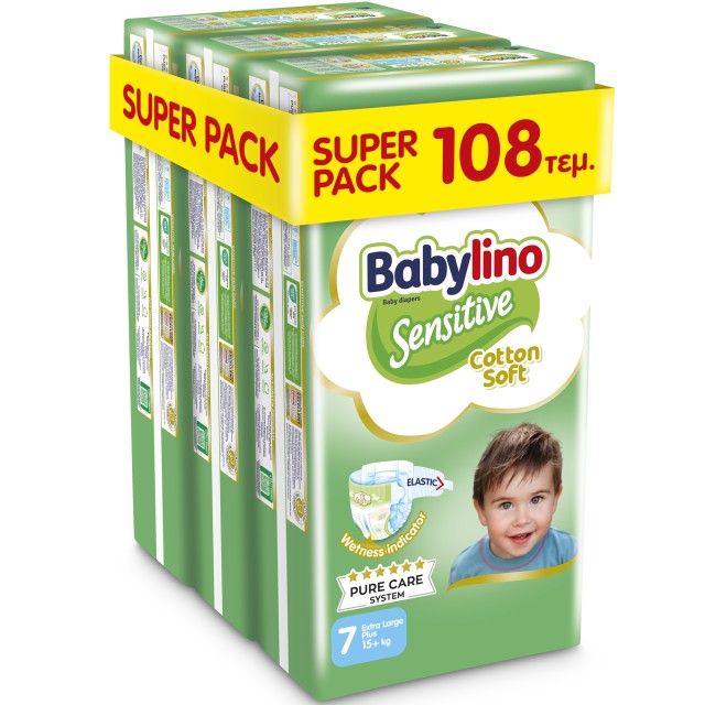 Πάνες Babylino Sensitive Cotton Soft Νο7 [15+kg] Super Pack 108 Πάνες &hellip;