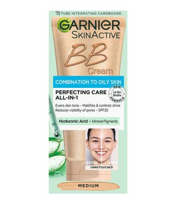 Garnier SkinActive BB Cream Medium SPF25 Ενυδατική Κρέμα για Μικτή / Λιπαρή Ανοιχτόχρωμη Επιδερμίδα με Χρώμα 50ml