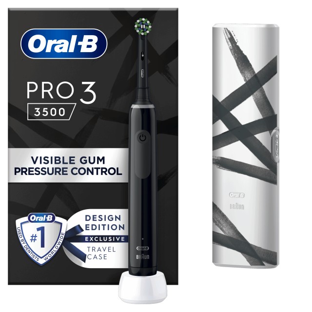 Oral B Pro3 3500 Μαύρη Ηλεκτρική Οδοντόβουρτσα με Θήκη Ταξιδίου Design Edition 1 Τεμάχιο
