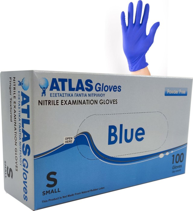 ATLAS Nitrile Blue Γάντια Νιτριλίου Μπλε Μέγεθος:Small Χωρίς Πούδρα 100 Τεμάχια