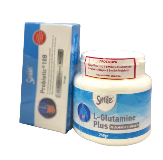 AM Health Smile PROMO L-Glutamine Plus Συμπλήρωμα Διατροφής με Γλουταμίνη σε Μορφή Σκόνης 250gr - ΔΩΡΟ Smile Probiotic 10B Συμπλήρωμα Διατροφής Προβιοτικών 3 Κουτιά x 10 Κάψουλες