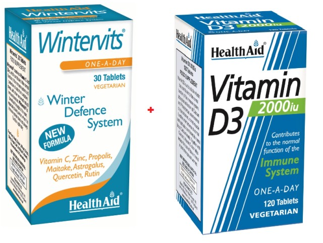 Health Aid Combo SET Wintervits για την Ενίσχυση του Ανοσοποιητικού Συστήματος 30 Ταμπλέτες - Health Aid Vitamin D3 2000IU 120 Φυτικές Κάψουλες