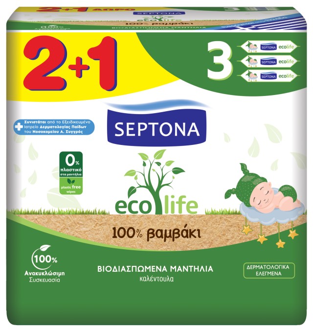 Septona Calm & Care Baby Ecolife Βιοδιασπώμενα Μωρομάντηλα με Καλέντουλα 180 Τεμάχια [2+1 Δώρο]