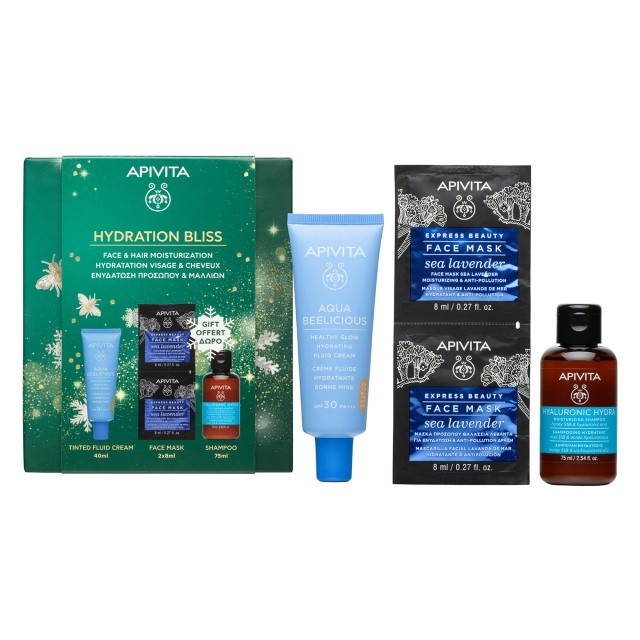 Apivita PROMO Hydration Bliss Aqua Beelicious SPF30 Λεπτόρρευστη Κρέμα Ενυδάτωσης για Φυσική Λάμψη 40ml & Express Beauty Μάσκα Προσώπου Θαλάσσια Λεβάντα 2x8ml & Hyaluronic Hydra Σαμπουάν Ενυδάτωσης 75ml Apivita PROMO Hydration Bliss Aqua Beelicious SPF30 Λεπτόρρευστη …