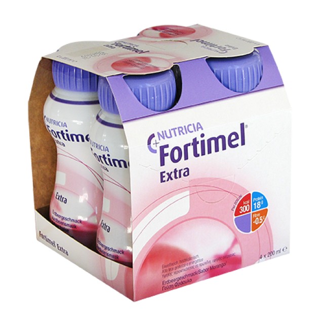 Nutricia Fortimel Extra Θρεπτικό Συμπλήρωμα Διατροφής Πλούσιο σε Πρωτεΐνες με Γεύση Φράουλα 4x200ml