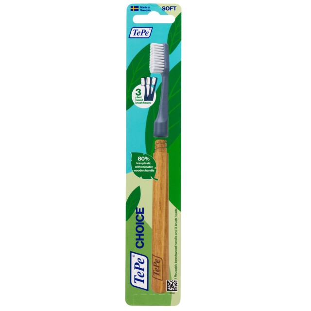 TePe Choice Soft Οδοντόβουρτσα Μαλακή με Επαναχρησιμοποιήσιμη Ξύλινη Λαβή Μπλε 1 Τεμάχιο + 3 Ανταλλακτικές Λαβές