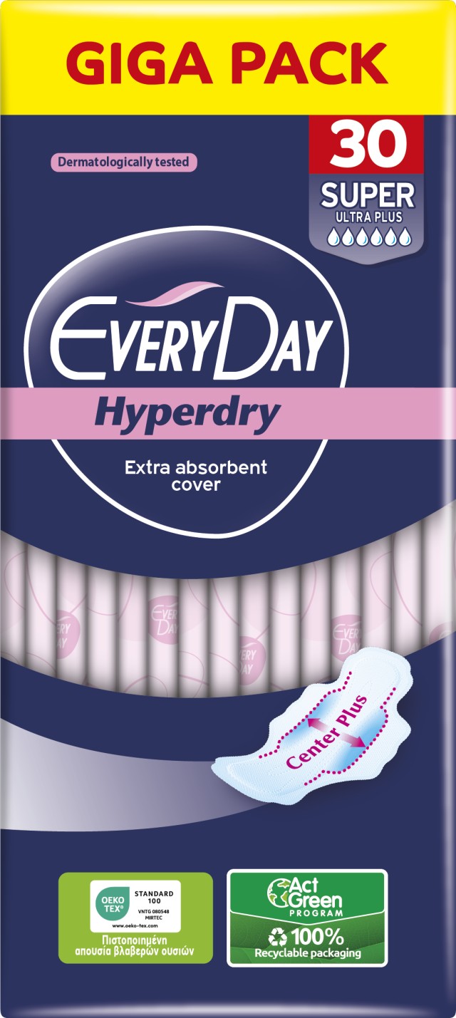 EveryDay Hyperdry Super Ultra Plus Σερβιέτες με Φτερά 6 Σταγόνες Giga Pack 30 Τεμάχια