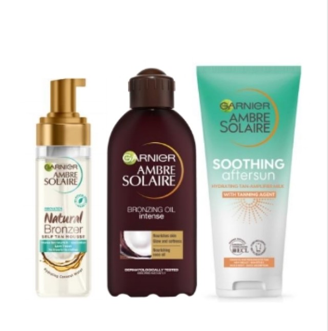 Garnier BUNDLE Ambre Solaire Tanning Intensive Oil 200ml - Vegan Natural Bronzer Intense Clear 200ml - After Sun Hydrating Tan 200ml