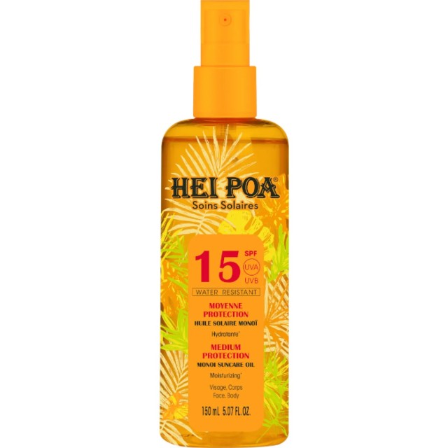 Hei Poa Monoi Oil Tiare SPF15 Ξηρό Αντηλιακό Λάδι για Πρόσωπο, Σώμα, Μ …