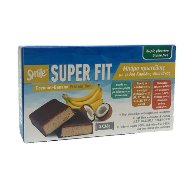 AM Health Smile Super Fit Protein Bar Μπάρα Πρωτεΐνης με Γεύση Καρύδα - Μπανάνα 3x36gr