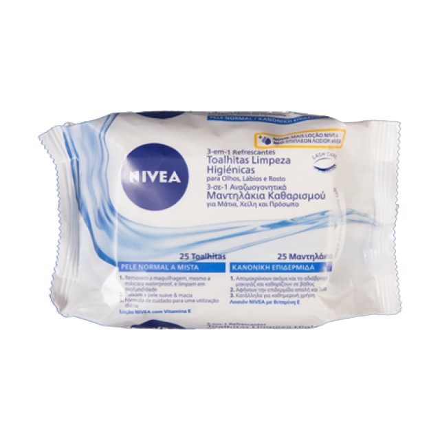 Nivea Refreshing Cleansing Wipes for Normal & Combination Skin Μαντηλάκια Καθαρισμού / Ντεμακιγιάζ 25 Τεμάχια