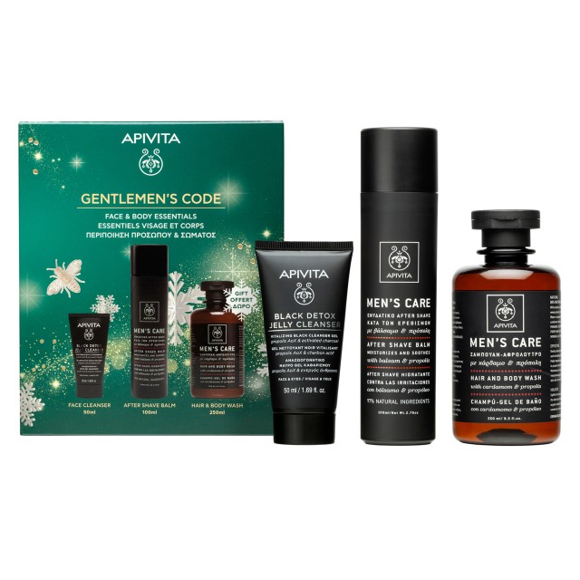 Apivita PROMO Gentlemens Code Ενυδατικό After Shave με Βάλσαμο & Πρόπολη 100ml & Black Detox Jelly Cleanser Αναζωογονητικό Μαύρο Gel Καθαρισμού για Πρόσωπο & Μάτια 50ml & Mens Care Hair & Body Wash Σαμπουάν & Αφρόλουτρο Κάρδαμος & Πρόπολη 250ml Apivita PROMO Gentlemens Code Ενυδατικό After Shave με Βάλσαμο & …
