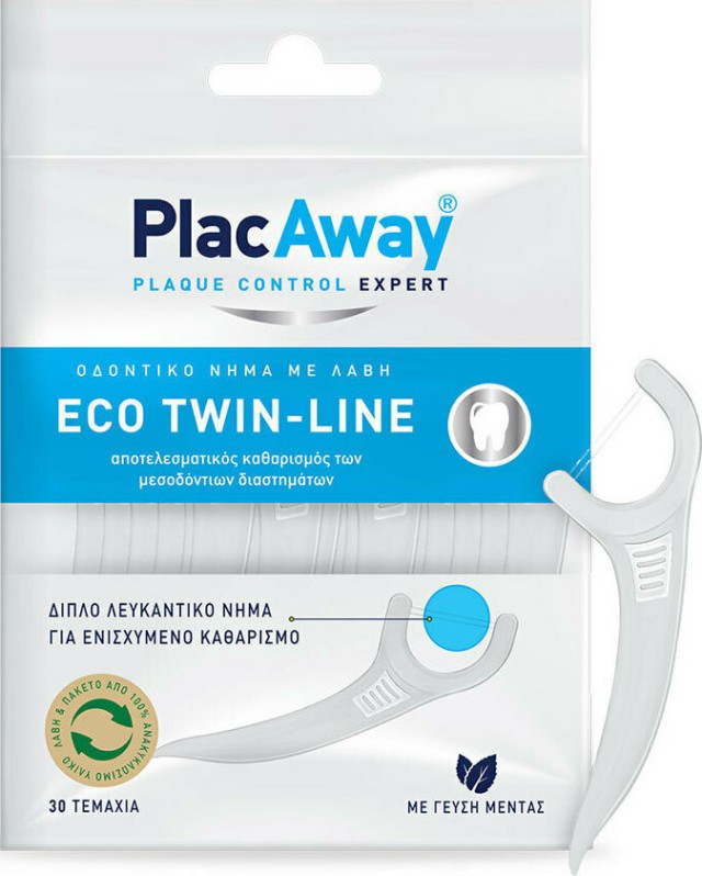 Plac Away Eco Twin Line Oδοντικό Νήμα με Λαβή και Οδοντογλυφίδα Λευκό με Γεύση Μέντας 30 Τεμάχια