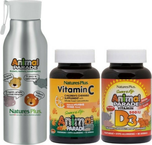 Nature's Plus PROMO Animal Parade Vitamin D3 με Γεύση Κεράσι 90 Μασώμενες Ταμπλέτες - Βιταμίνη C 90 Μασώμενες Ταμπλέτες - ΔΩΡΟ Παγούρι Μεταλλικό