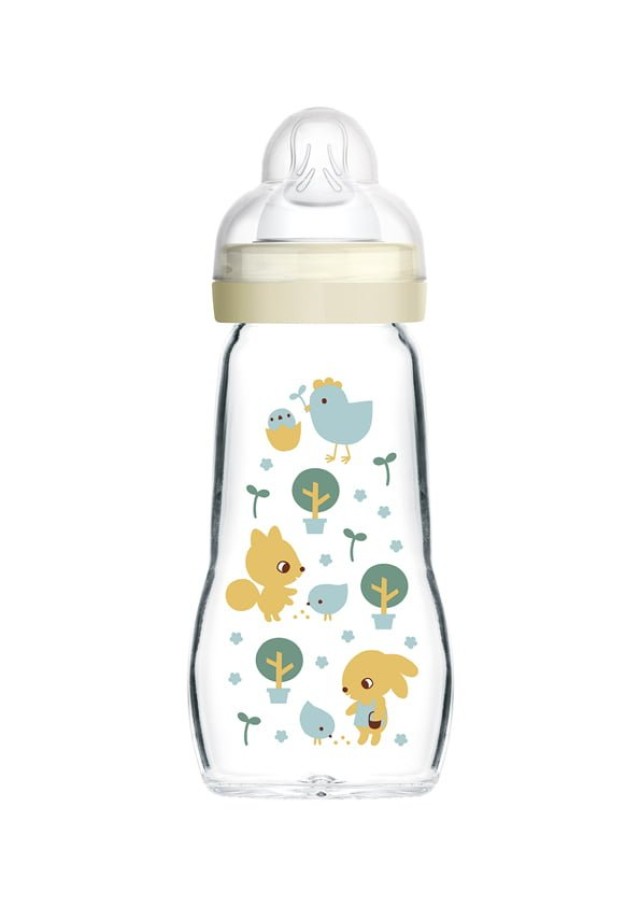 Mam Feel Good Γυάλινο Μπιμπερό με Θηλή Σιλικόνης για 2m+ Εκρού με Θηλή …