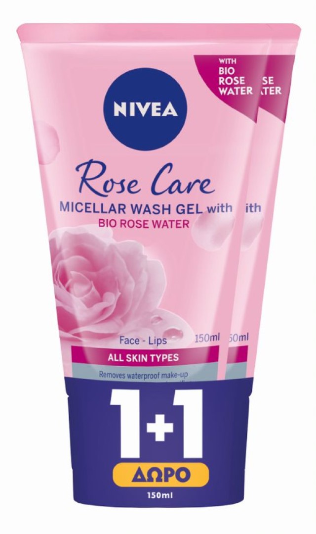 Nivea PROMO Rose Care Micellar Wash Gel Καθαρισμού Προσώπου Με Ροδόνερο 2x150ml 1+1 ΔΩΡΟ