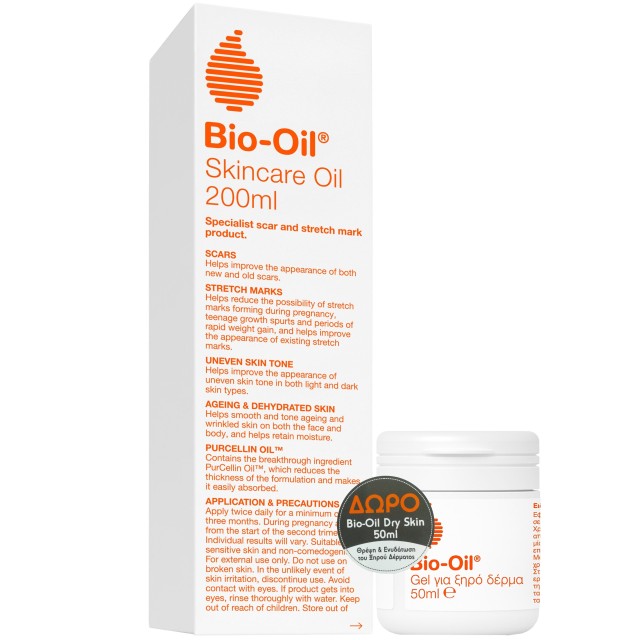 Bio Oil PROMO PurCellin Ειδικό Έλαιο Περιποίησης Δέρματος Κατά των Ραγάδων 200ml - ΔΩΡΟ Dry Skin Gel Τζελ για το Ξηρό Δέρμα 50ml