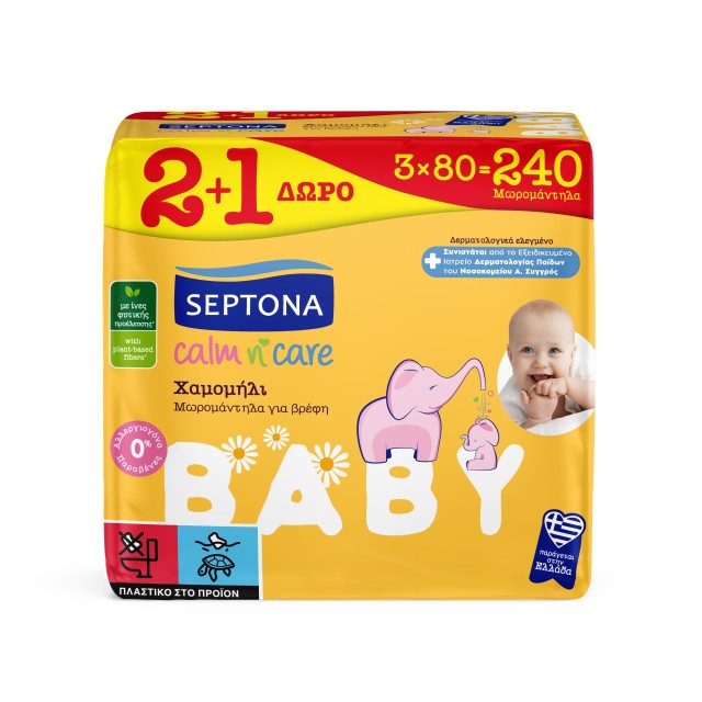 Septona Calm & Care Baby Μωρομάντηλα με Χαμομήλι 240 Τεμάχια [2+1 Δώρο]
