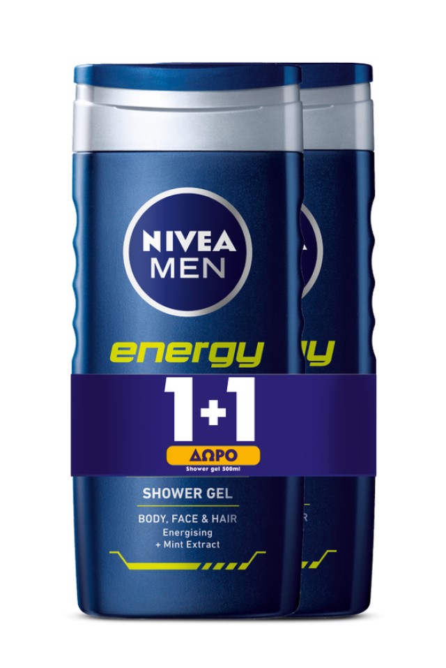 Nivea Men PROMO Energy Shower Ανδρικό Gel για Πρόσωπο - Σώμα - Μαλλιά 2x500ml 1+1 ΔΩΡΟ