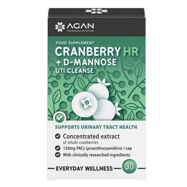 Agan Cranberry HR & D-Mannose για το Ουροποιητικό UTI Cleanse Συμπλήρωμα Διατροφής 30 Φυτικές Κάψουλες
