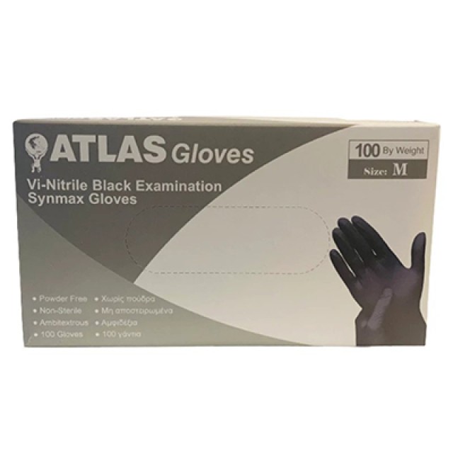 ATLAS Vi-Nitrile Black Γάντια Νιτριλίου Μαύρα Μέγεθος:Medium Χωρίς Πούδρα 100 Τεμάχια
