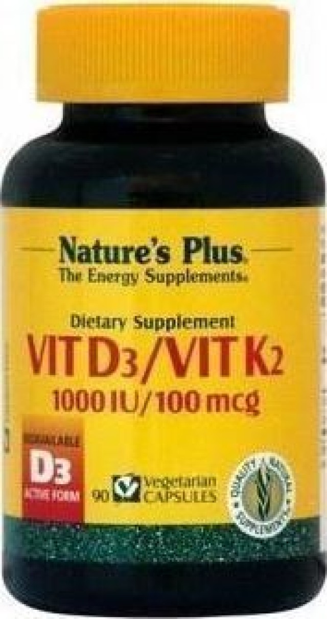 Nature's Plus Vitamin D3 1000IU+K2 Συμπλήρωμα Διατροφής για το Ανοσοποιητικό - Νευρικό Σύστημα 90 Φυτικές Κάψουλες