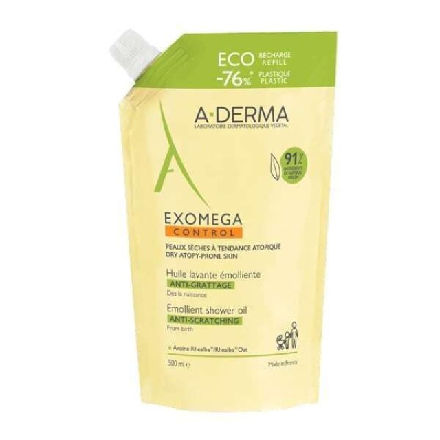 A-Derma Exomega Control Emollient Shower Oil Refill Μαλακτικό Λάδι Καθαρισμού Προσώπου & Σώματος για Ατοπικό - Ξηρό Δέρμα 500ml [Ανταλλακτικό]