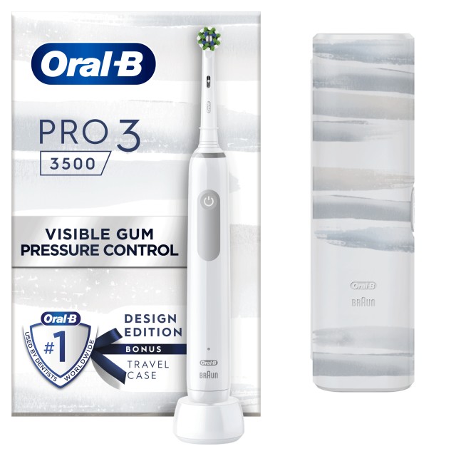 Oral B Pro3 3500 Λευκή Ηλεκτρική Οδοντόβουρτσα με Θήκη Ταξιδίου Design Edition 1 Τεμάχιο