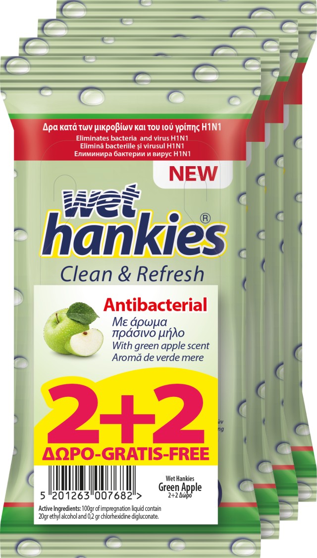 Wet Hankies Υγρά Αντιβακτηριδιακά Μαντηλάκια Χεριών με Άρωμα Πράσινο Μήλο Clean & Protect Antibacterial Green Apple 2+2 ΔΩΡΟ [4x15 Τεμάχια]