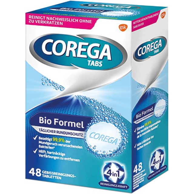 Corega Tabs Bio Formel Καθαριστικά Δισκία για Τεχνητές Οδοντοστοιχίες 48 Αναβράζοντα Δισκία