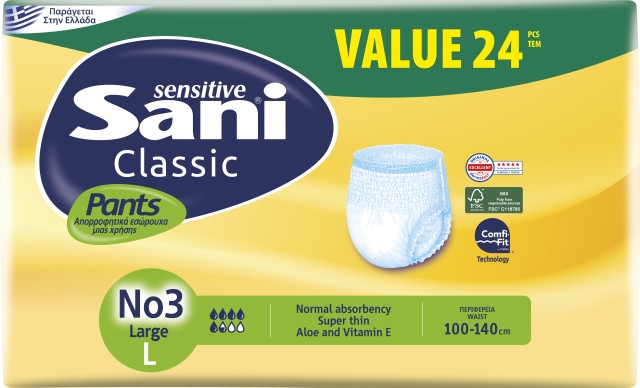 Sani Sensitive Classic Pants No3 Large Ελαστικό Εσώρουχο Ακράτειας 24 Τεμάχια [86299]