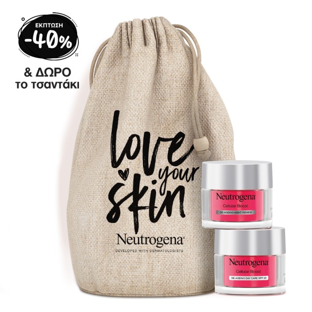 Neutrogena® PROMO Cellular Boost De Ageing Night Reniew Αντιγηραντική Κρέμα Νυκτός 50ml - Day Care SPF20 Αντιγηραντική Κρέμα Ημέρας 50ml - ΔΩΡΟ Τσαντάκι