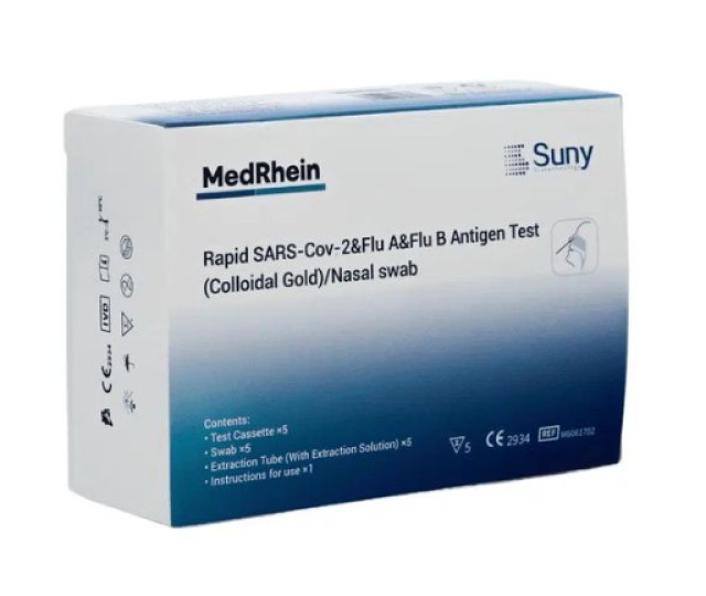 Medrhein SunyBio SARS-CoV-2 & Flu A/B Antigen για Ανίχνευση Αντιγόνων SARS-CoV-2 & Γρίπης Τύπου A/B με Ρινική Δειγματοληψία 5 Τεμάχια σε Κουτί